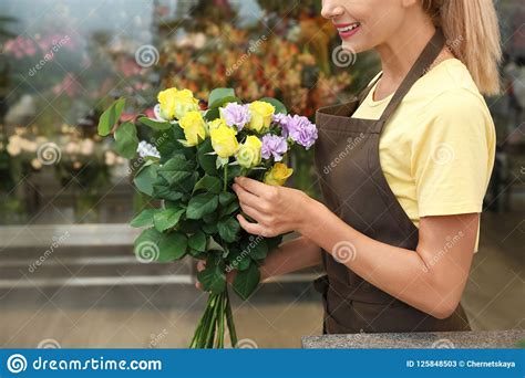 Female Florist Making Beautiful Bouquet Stock Image Image Of Blossom