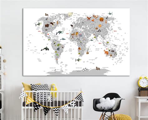 Animals World Map For Kids Atlas Print Continent World Map Etsy