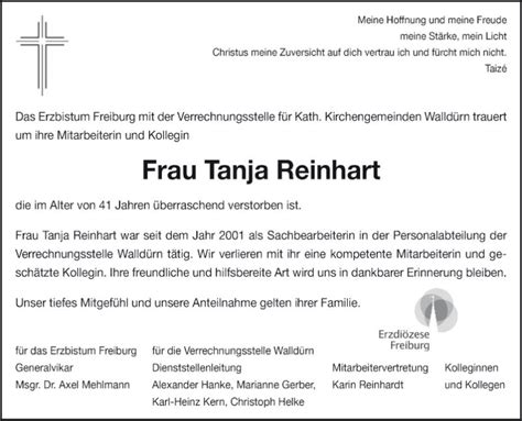 Traueranzeigen Von Tanja Reinhart Trauerportal Ihrer Tageszeitung