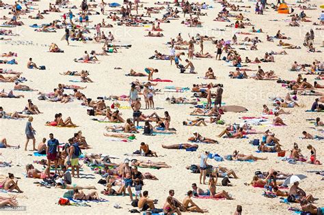 Crowded Beach In Hot Summer Day Bondi Beach Sydney Australia Stock