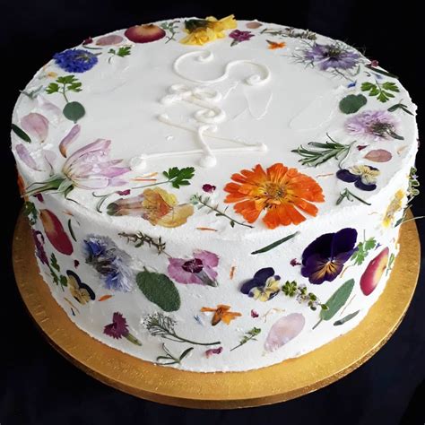 Side View Of The Flower Pressed Edible Flower Wedding Cake Wildflower