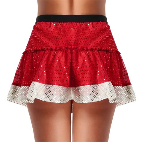 Womens Red Shiny Sequins Short Skirt With Elastic Waistband Hot Sexy Girls Dance Costume