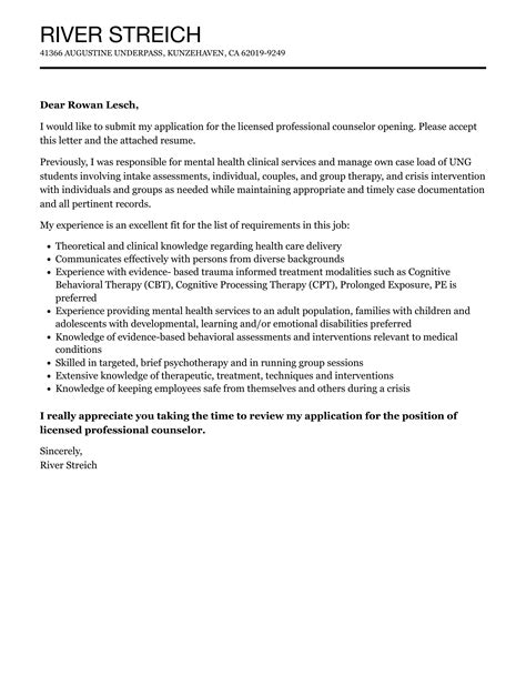 Licensed Professional Counselor Cover Letter Velvet Jobs