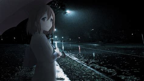Brunette Anime Rain Umbrella Hirasawa Yui Night K On Street
