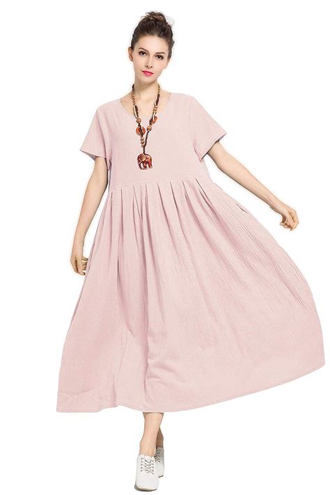 Anysize Short Sleeved Spring Summer Linen Cotton Soft Loose Dress Plus