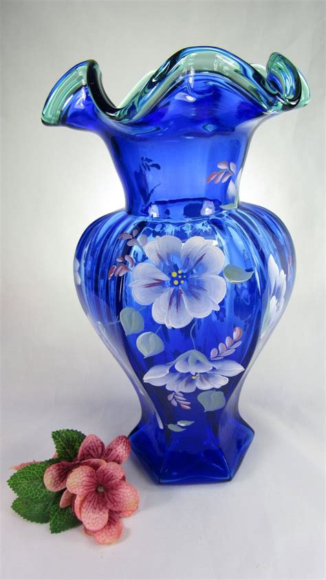 Fenton Vase 75th Anniversary Cobalt Blue With Green Ruffled Trim Hand Painted 1998 Vase Signed