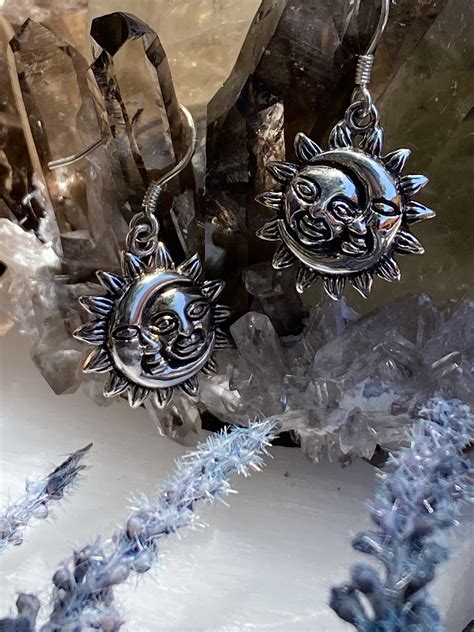 Sun Moon Dangle Earrings Sterling Silver 925 Dainty Etsy