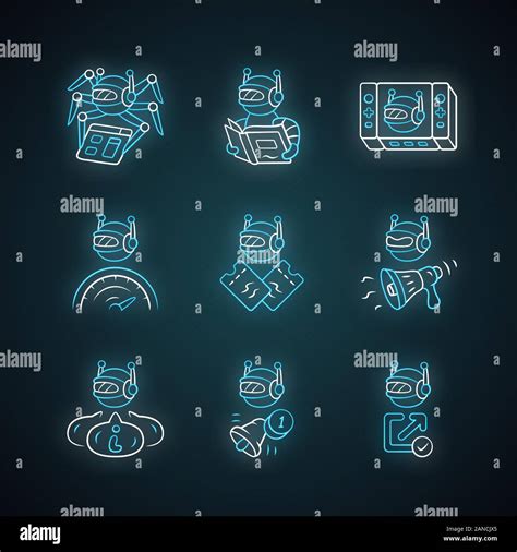 Web Robots Neon Light Icons Set Crawler Text Reading Propaganda