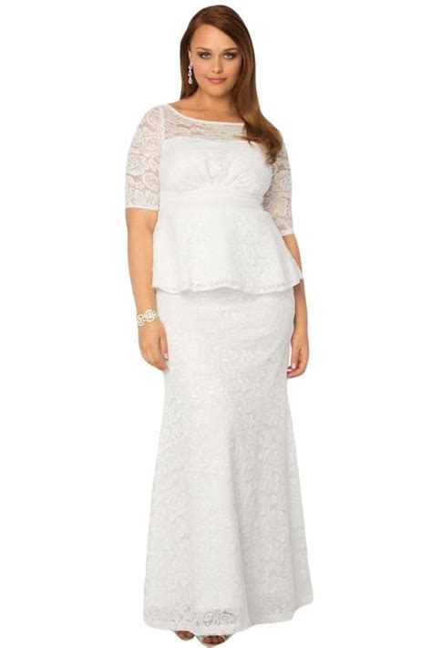 White Formal Lace Plus Size With Sleeves Peplum Dress