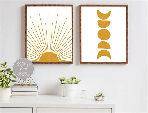 Mustard Yellow Wall Art Bedroom Decor Sun And Moon Print Set Etsy