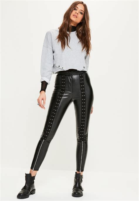 Missguided Black Lace Up Zip Detail Faux Leather Leggings Leather