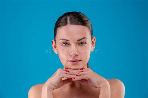 Close Up Lips And Shoulders Of Young Caucasian Woman With Natural Make