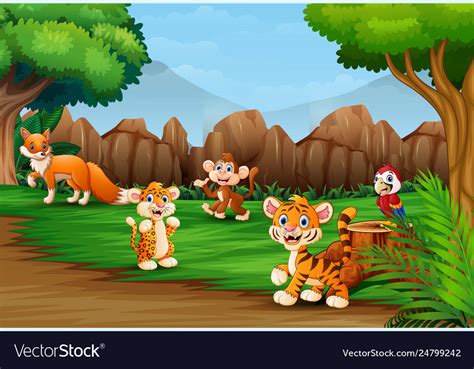 Wild Animal Cartoon In Beautiful Nature Landsc Vector Image