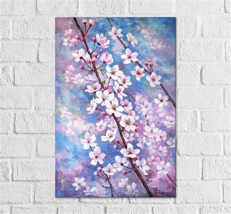 Pink Cherry Blossom Painting Vertical Canvas Art Flowering Cherry Tree