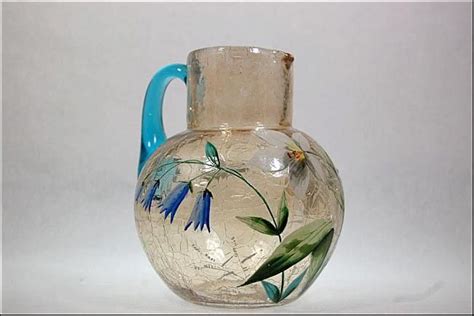 Antique Bohemian Moser Crackle Enamel Flowers Pitcher Antiques Moser Glass Art