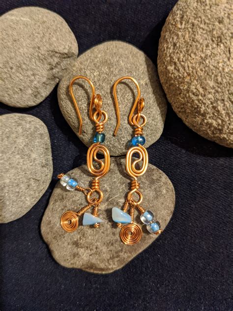Copper Wire Wrapped Earrings Blue Bead And Hanging Accents Blue