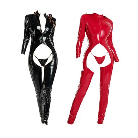 women long sleeve wet look patent leather catsuit bodysuit mock neck skinny jumpsuits with g