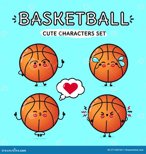 Funny Cute Happy Basketball Characters Bundle Set Vector Hand Drawn