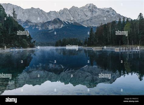 Mountain Lake Eibsee In Bavarian Alps In The Morning With Reflection