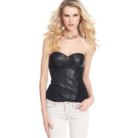 Lyst Guess Top Strapless Faux Leather Bustier In Black