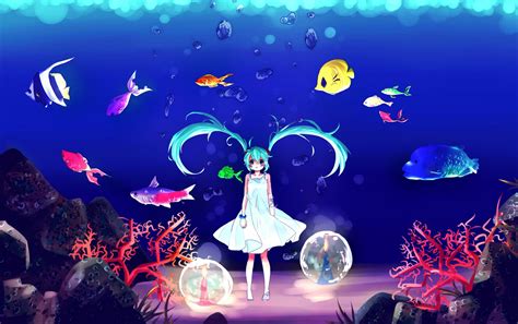 Animal Aqua Eyes Aqua Hair Barefoot Deep Sea Girl Vocaloid Dress Fish