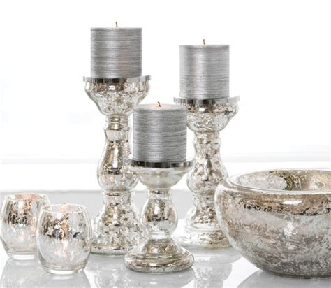 Varied Height Mercury Glass Pedestal Candle Holders With White Pillar