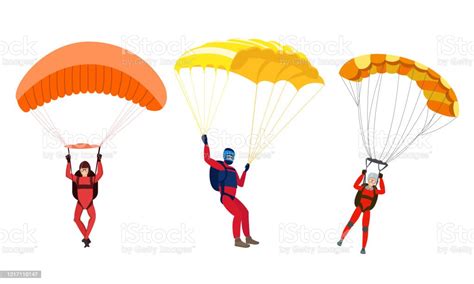 Happy Smiling Young People Skydivers With Parachutes Enjoying Flight
