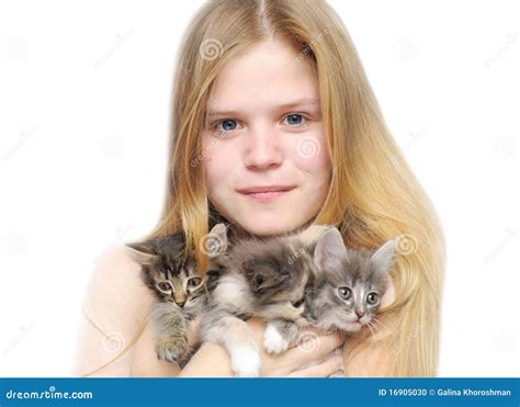 Portrait Girl With Cats Stock Photo Image Of Young Female 16905030