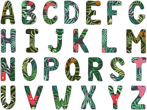 English Alphabet Capital Letters Hand Drawn Tropical Font — Stock