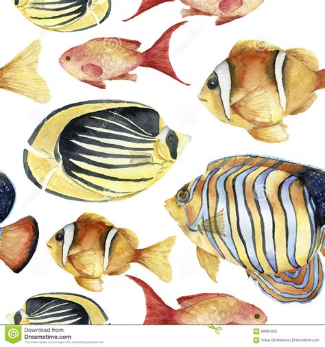 Watercolor Tropic Sea Pattern. Hand Painted Tropic Fish ...