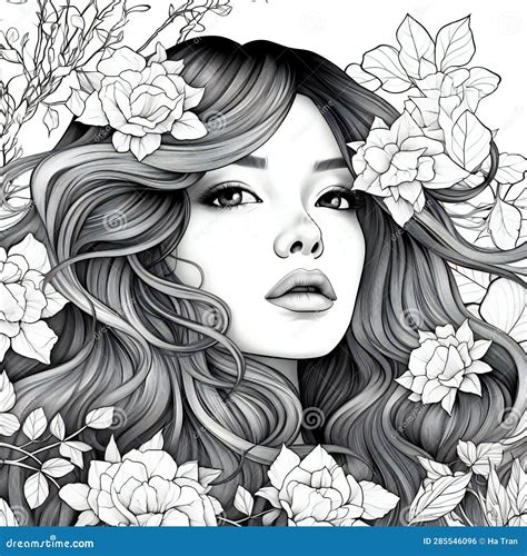 beautiful girl with long hair and flowers in her hair stock illustration illustration of white