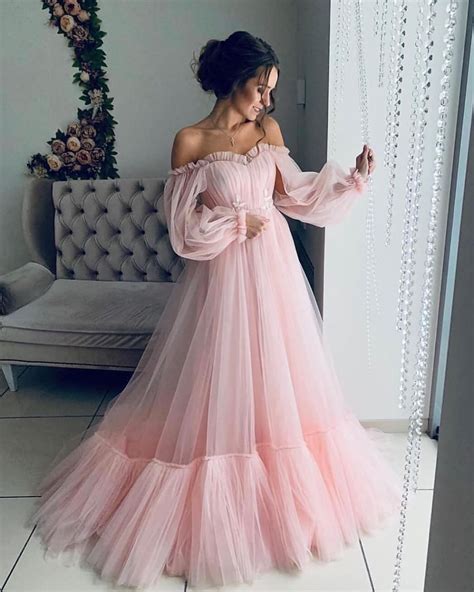 Pink Off The Shoulder Long Sleeves Prom Dresstulle Lace Sweetheart