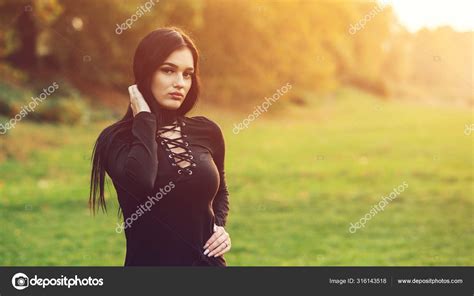 Sexy Brunette Girl Wearing Black Dress Outdoors Women Fashion And