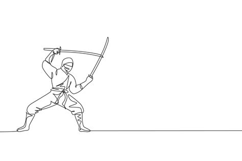 One Single Line Drawing Of Young Energetic Japanese Traditional Ninja