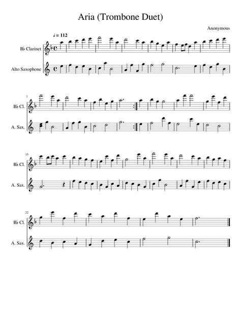 Aria Trombone Duet Alto Sax And Clarinet Transposition Sheet Music