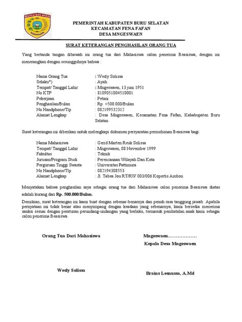 Surat Keterangan Penghasilan Orang Tua Pdf