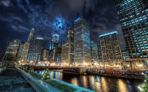 Chicago City Night Lights Hdr Building River Clouds Wallpapers