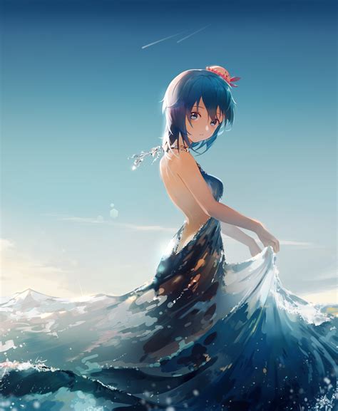 Blue Hair Blue Eyes Fantasy Girl Anime Anime Girls Sea Water