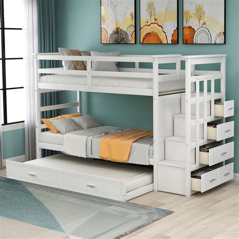 Sentern Twin Over Twin Solid Wood Bunk Bed With Trundle Staircase 4
