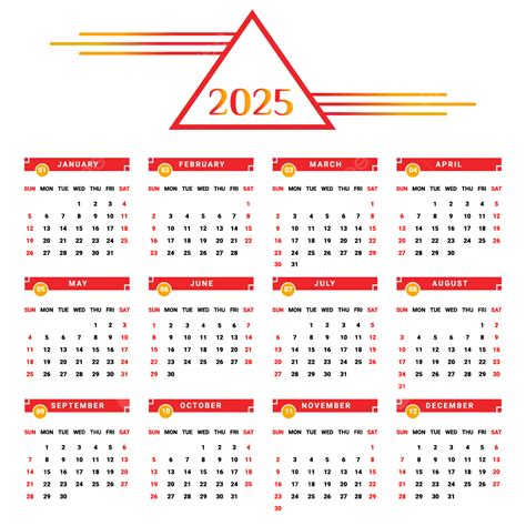 2025 Yearly Calendar With Red And Yellow Geometric Style Vector