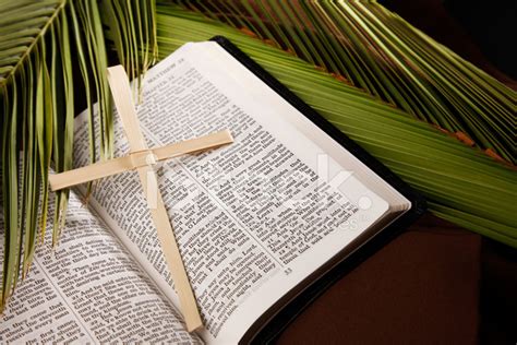 Palm Sunday Cross And Bible With Branches Stock Photos
