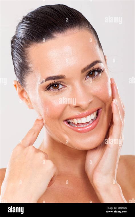Cheerful Woman Touching Healthy Face Skin Stock Photo Alamy