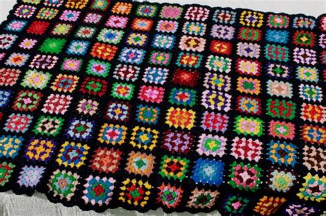 Retro Crochet Granny Square Afghan Blanket Kaleidoscope Of Colors On Black