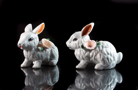Rabbit Figurines Bunny Figurines Set Of Two Hand Painted Raised