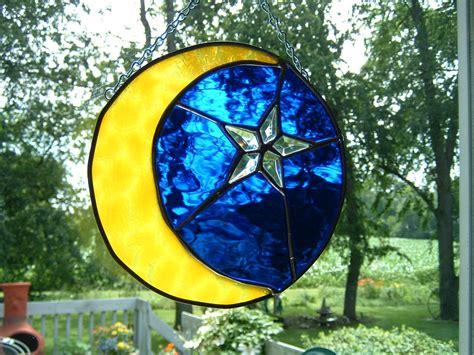 Stained Glass Moon And Bevel Star Suncatcher Panel Etsy