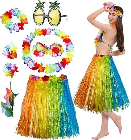 Amazon 8 Pack Hula Skirt And Hawaiian Leis Set Grass Skirt With