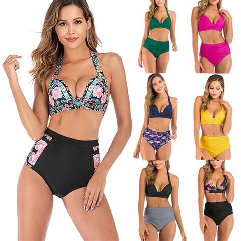 New Plus Size Bikins Women Swimwear Print Floral High Waisted Bathing Suits Bikinis Set Wish