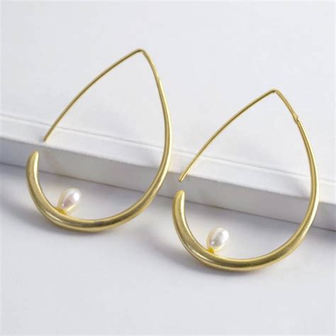 Large Gold Teardrop Pearl Hoop Earrings By Lisa Angel