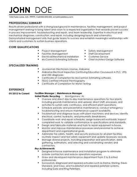 Building maintenance sample resume resume pro, sample resume electrical maintenance supervisor electrical foreman, maintenance supervisor resume sample technician resumes livecareer, pin by topresumes on latest resume pinterest resume resume. Professional Facilities Manager Templates | MyPerfectResume