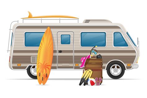 Online appliance store line design pictograms set. car van caravan camper mobile home with beach accessories ...